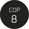 Musta pallo, jonka sisällä on teksti COP 8